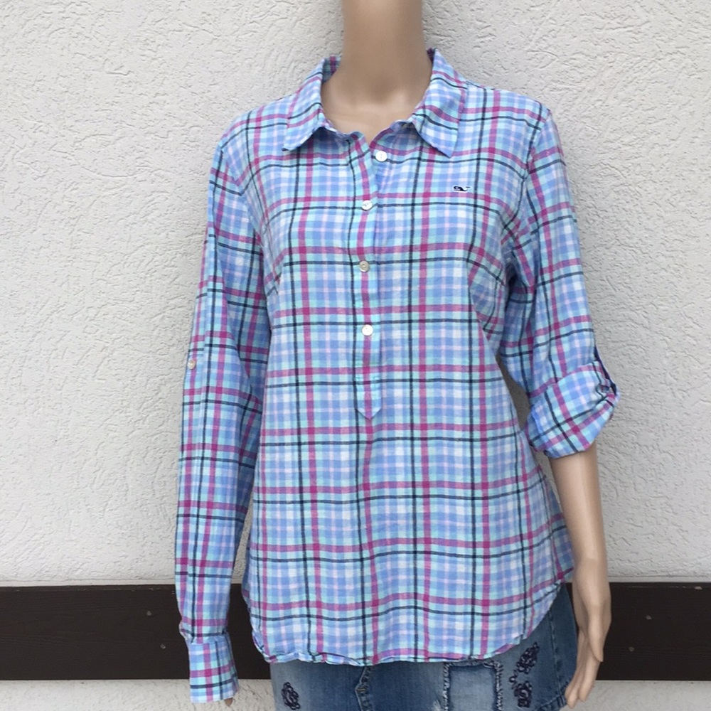 Vineyard Vines top Pullover Plaid Blouse linen blend